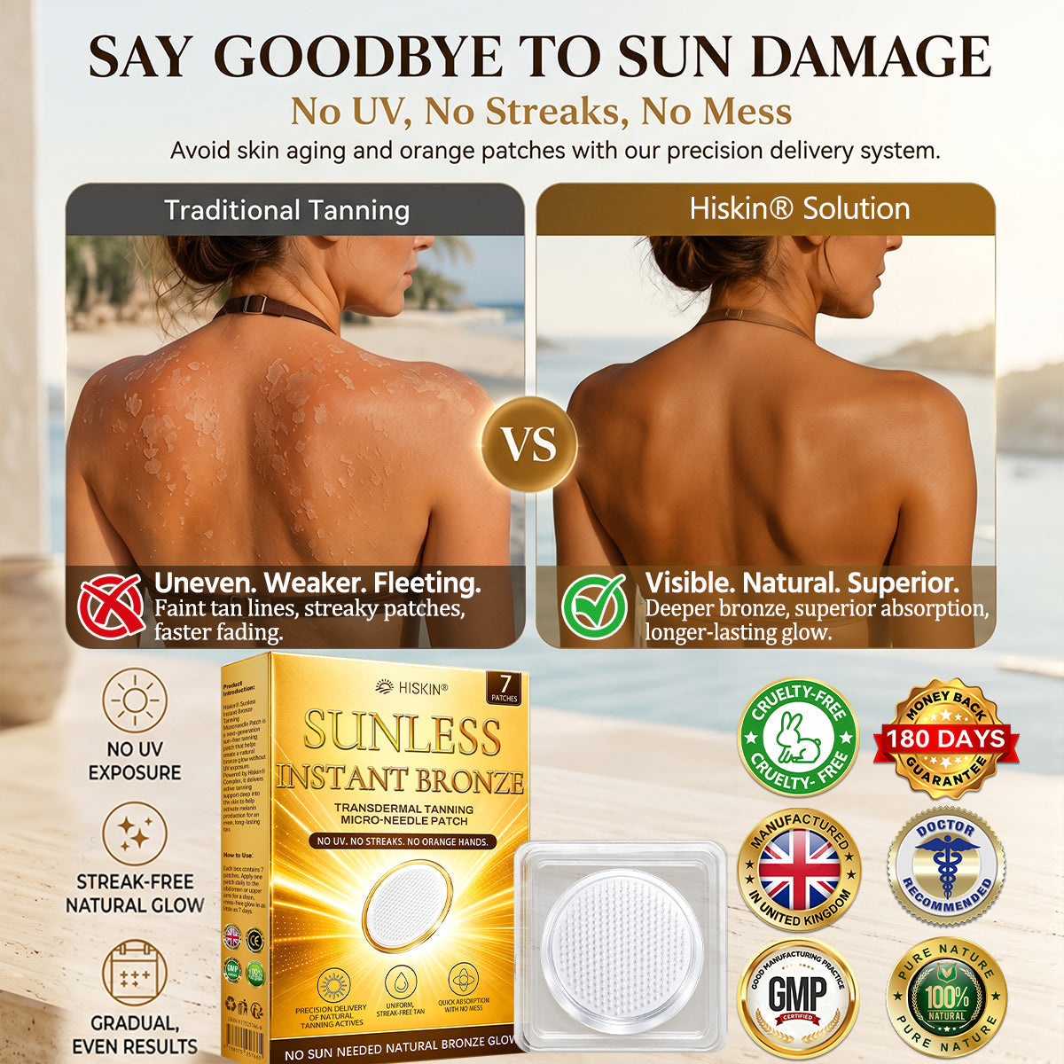 Hiskin® Sunless Instant Bronze Tanning Microneedle Patch (Just once a day) Visible Bronze Glow in 7 Days No UV, No Orange, No Streaks, No DHA, No Mess