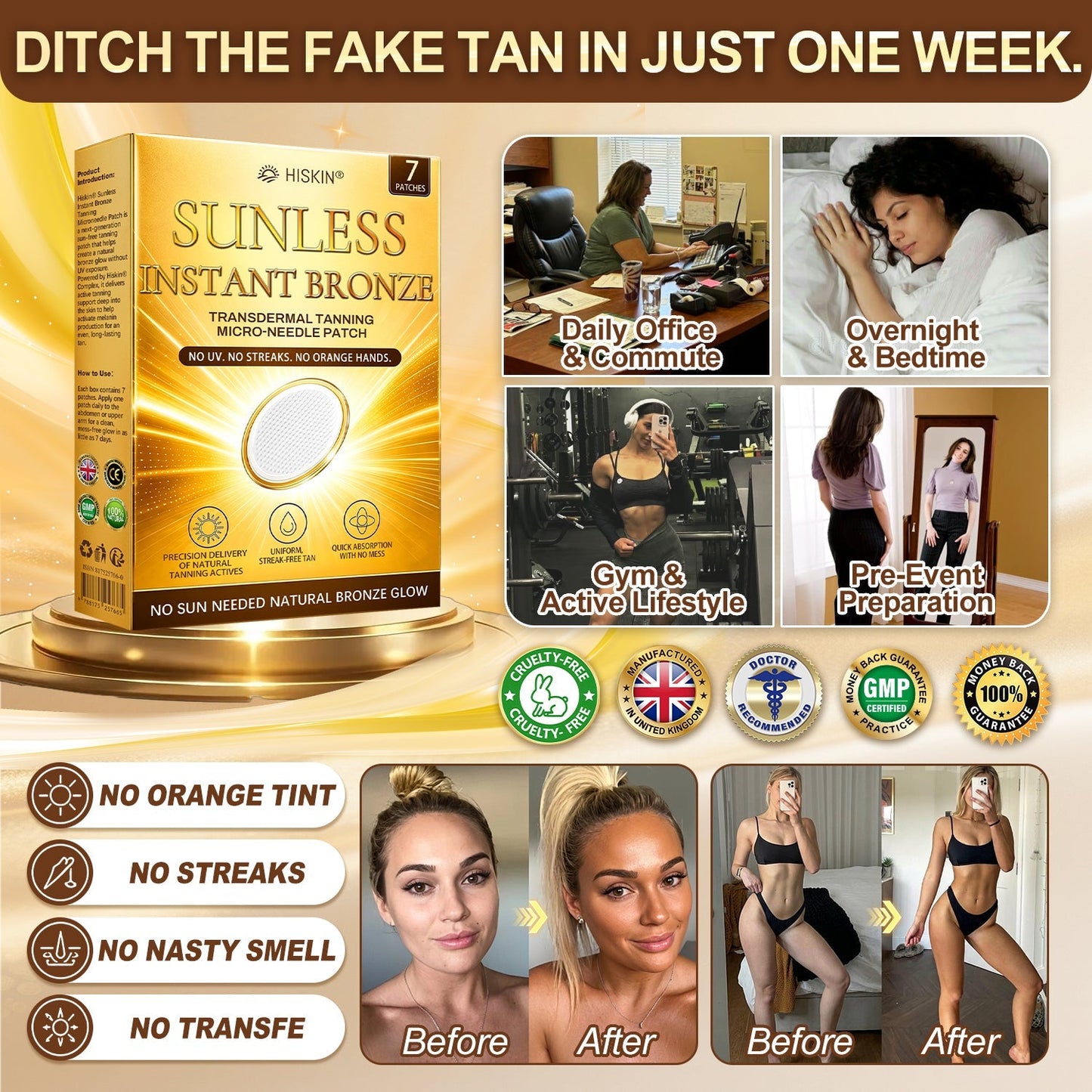 Hiskin® Sunless Instant Bronze Tanning Microneedle Patch (Just once a day) Visible Bronze Glow in 7 Days No UV, No Orange, No Streaks, No DHA, No Mess