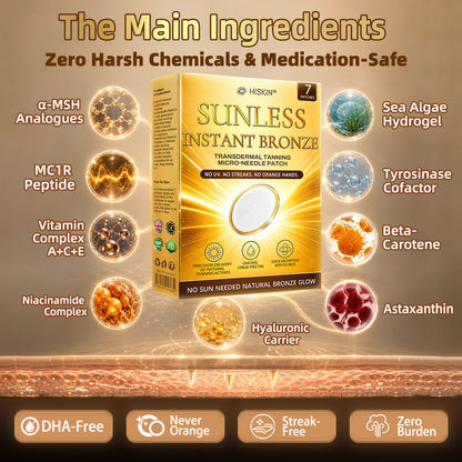 Hiskin® Sunless Instant Bronze Tanning Microneedle Patch (Just once a day) Visible Bronze Glow in 7 Days No UV, No Orange, No Streaks, No DHA, No Mess